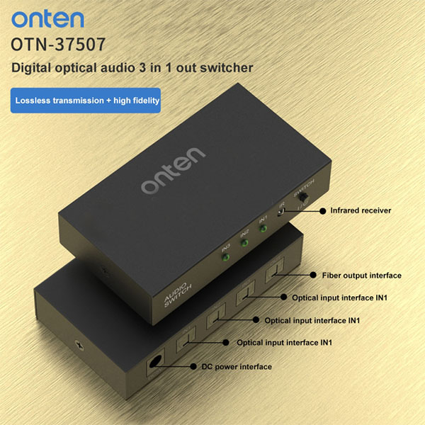سوئیچ صدا 3 به 1 اونتن پاوردار مدل Onten 37507 Digital Optical Audio 3 In 1 Out Switcher